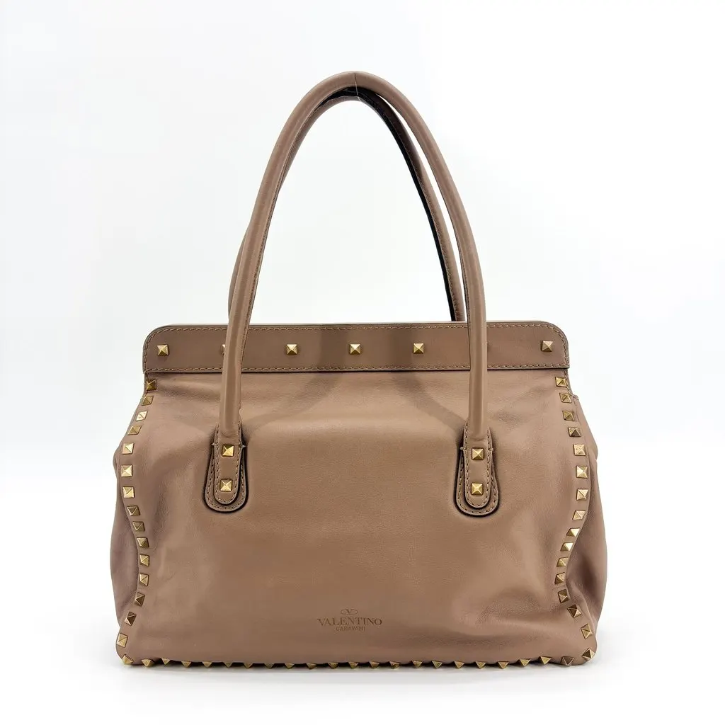Valentino Garavani Rockstud Double Handle Tote Bag Taupe Beige Beige Leather Good - Back View