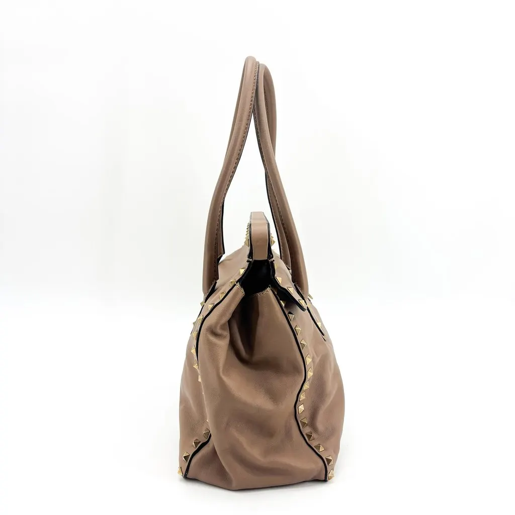 Valentino Garavani Rockstud Double Handle Tote Bag Taupe Beige Beige Leather Good - Inside View
