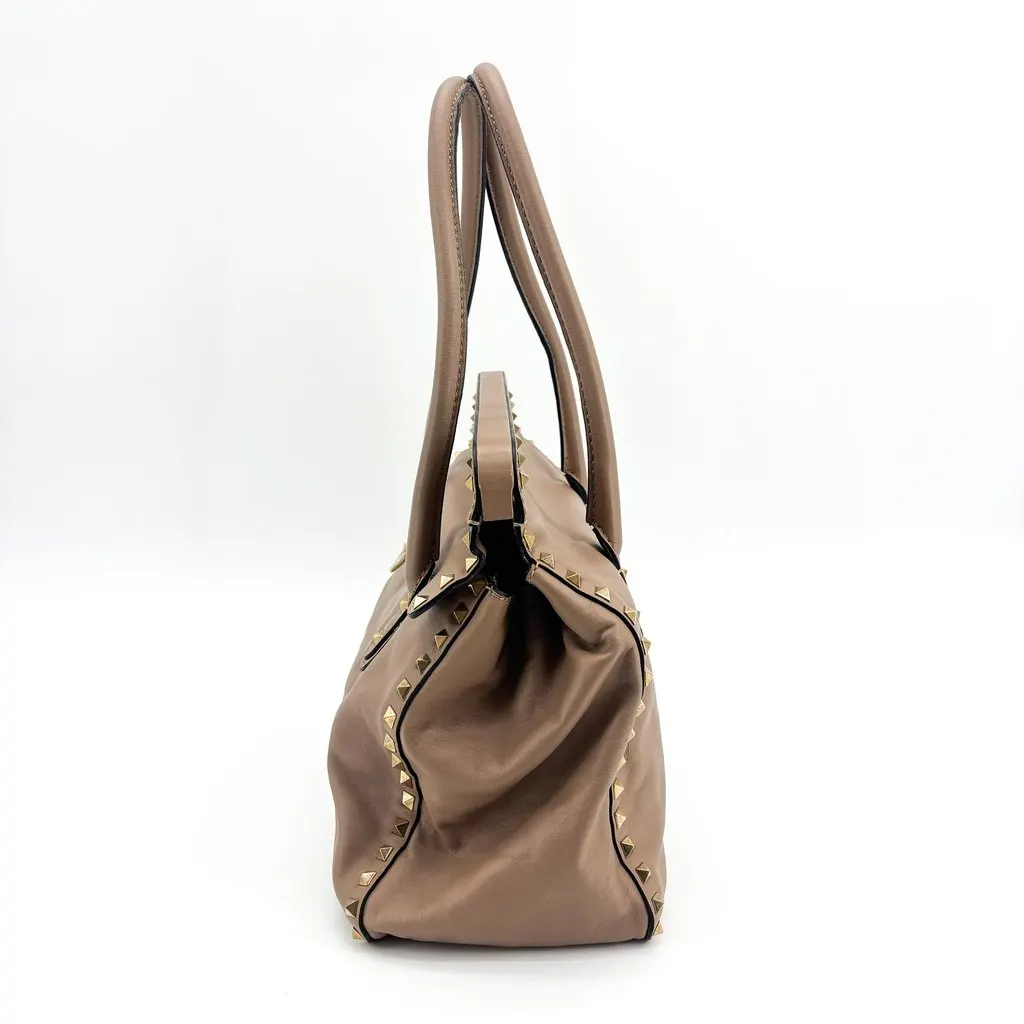 Valentino Garavani Rockstud Double Handle Tote Bag Taupe Beige Beige Leather Good - Model View
