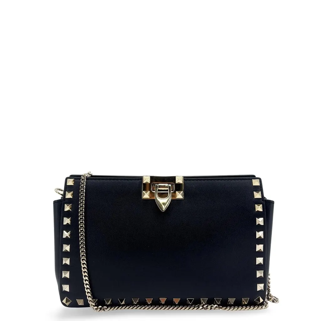 Valentino Garavani Rockstud Chain Shoulder Bag Black Gold Black Leather Good - Front View