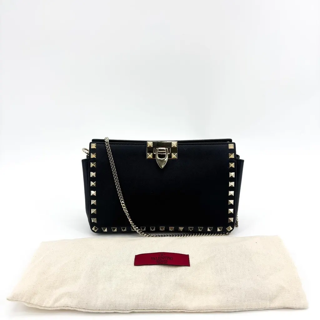 Valentino Garavani Rockstud Chain Shoulder Bag Black Gold Black Leather Good - Back View