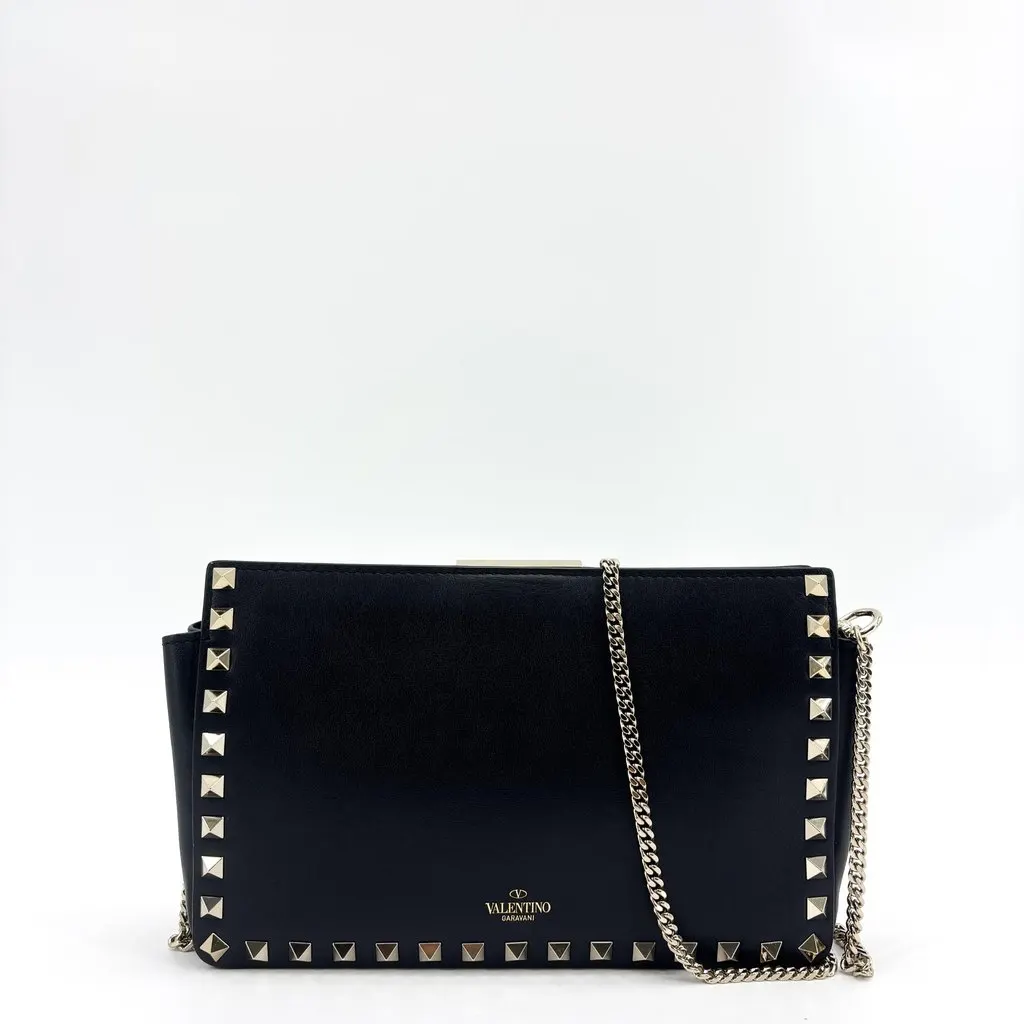 Valentino Garavani Rockstud Chain Shoulder Bag Black Gold Black Leather Good - Inside View