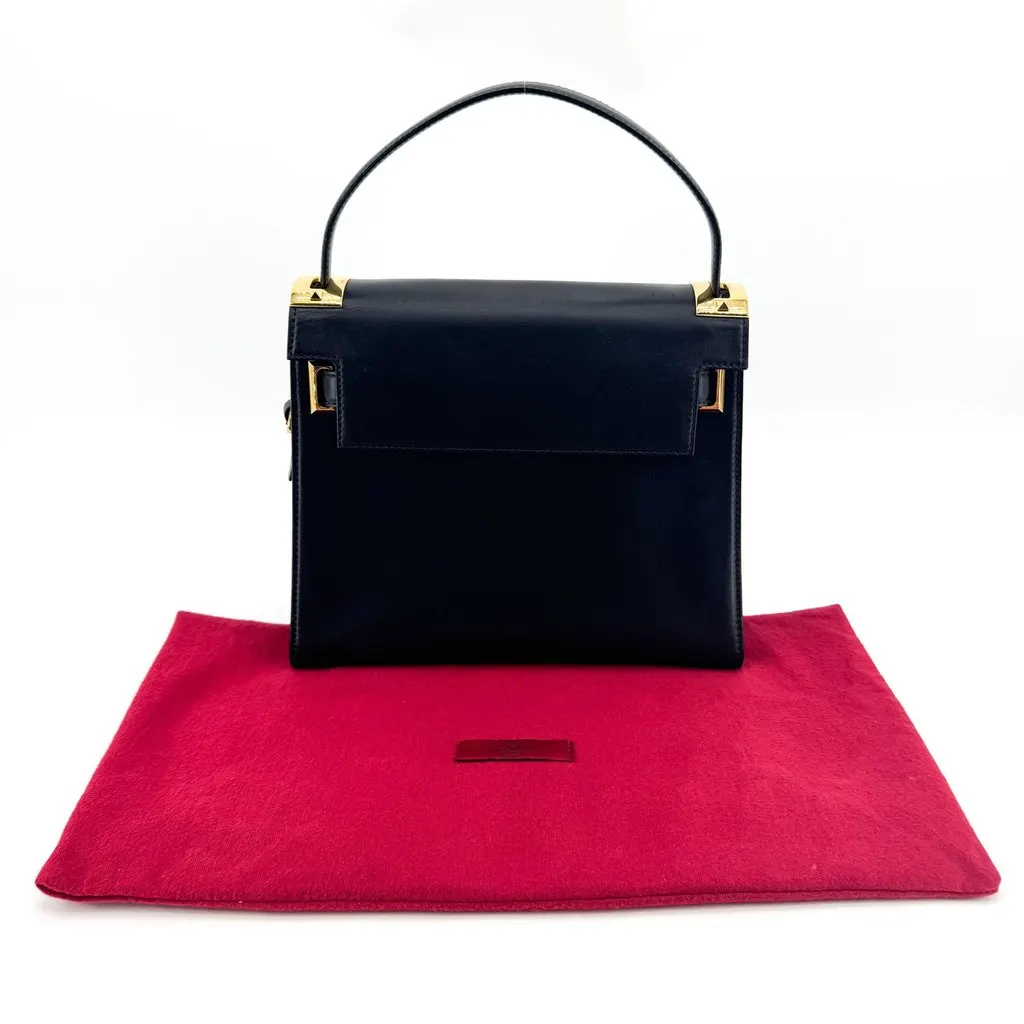 Valentino Vintage Leather Top Handle Bag Black Gold Black Leather Good - Back View