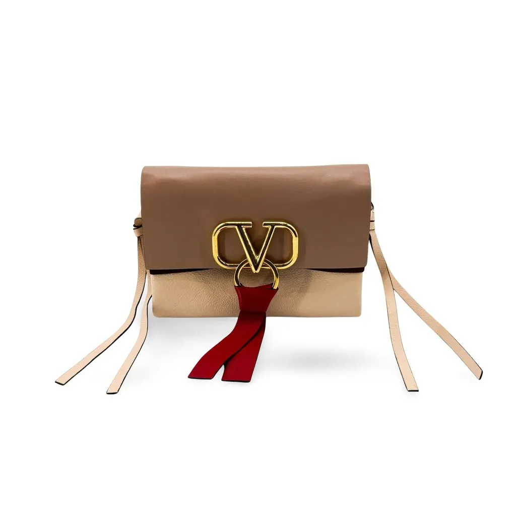 Valentino Garavani Small VRING Shoulder Bag Brown Beige Beige Leather Good - Front View