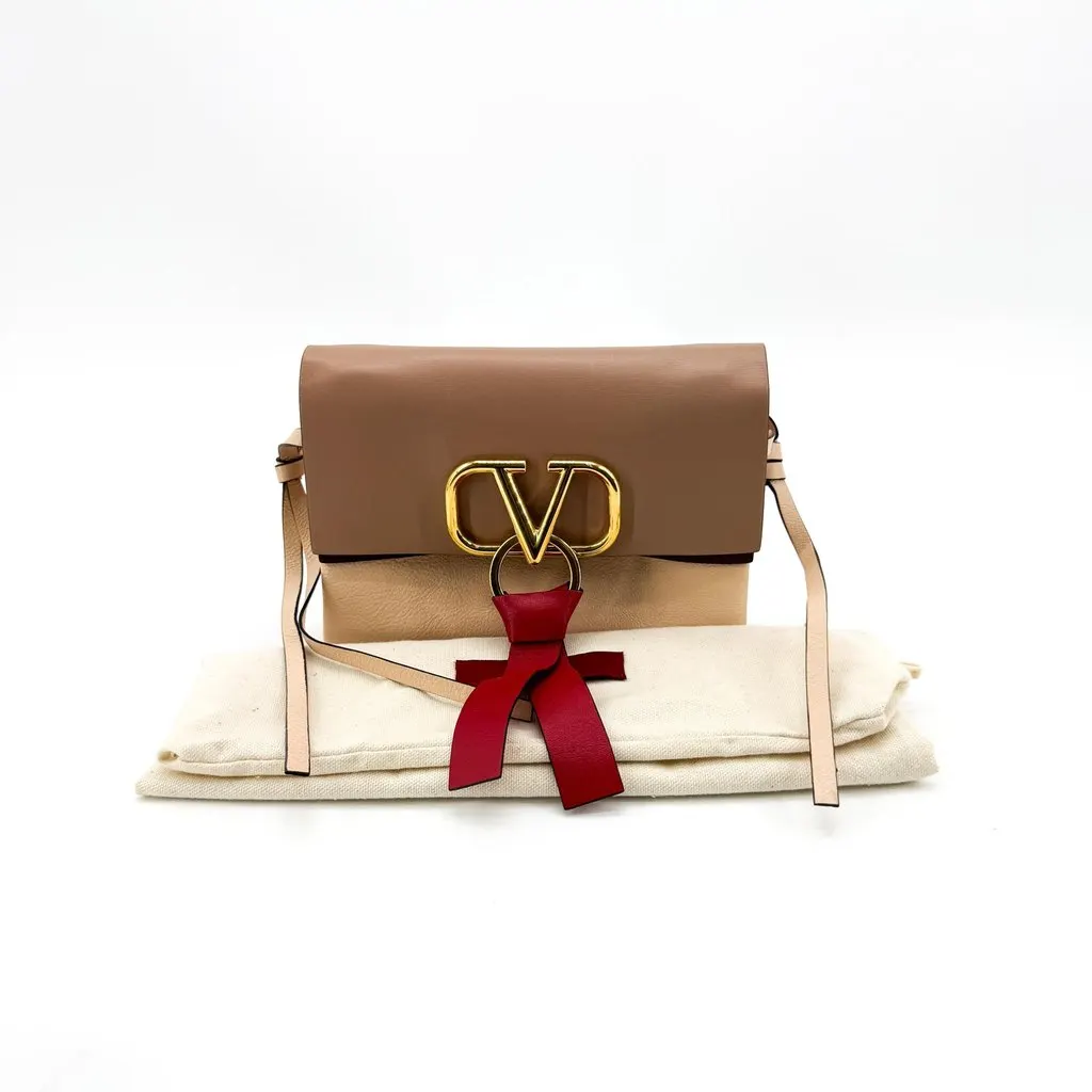 Valentino Garavani Small VRING Shoulder Bag Brown Beige Beige Leather Good - Back View