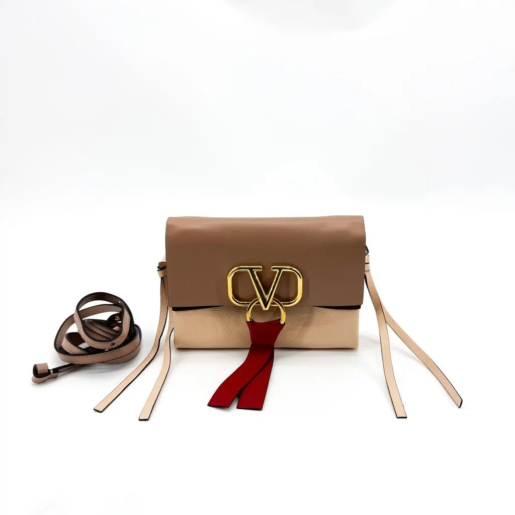 Valentino Garavani Small VRING Shoulder Bag Brown Beige Beige Leather Good - Inside View