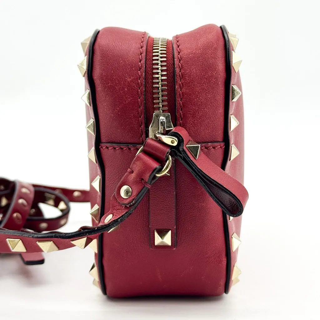 Valentino Garavani Rockstud Small Leather Camera Bag Red Burgundy Leather Good - Model View