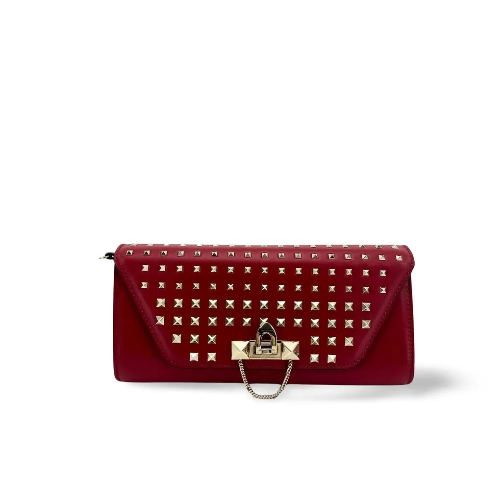 Valentino Rockstud Leather Clutch Bag Red Gold Leather Good - Front View