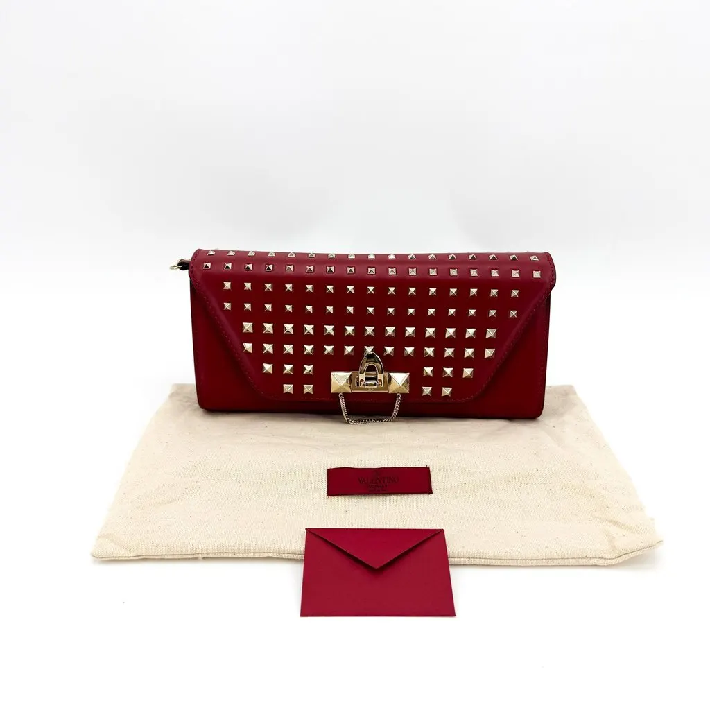 Valentino Rockstud Leather Clutch Bag Red Gold Leather Good - Back View