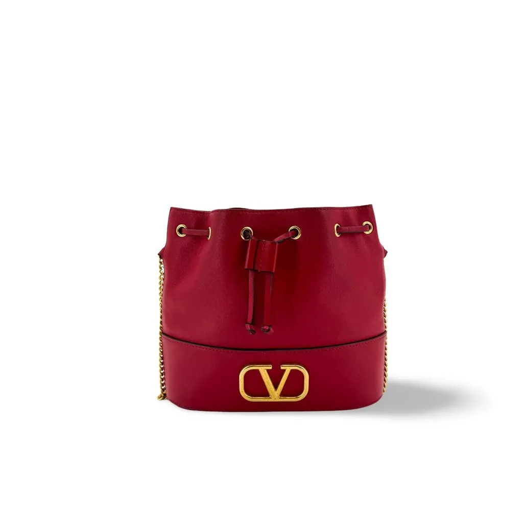 Valentino VLogo Signature Small Leather Bucket Bag Red Gold Leather Good - Front View