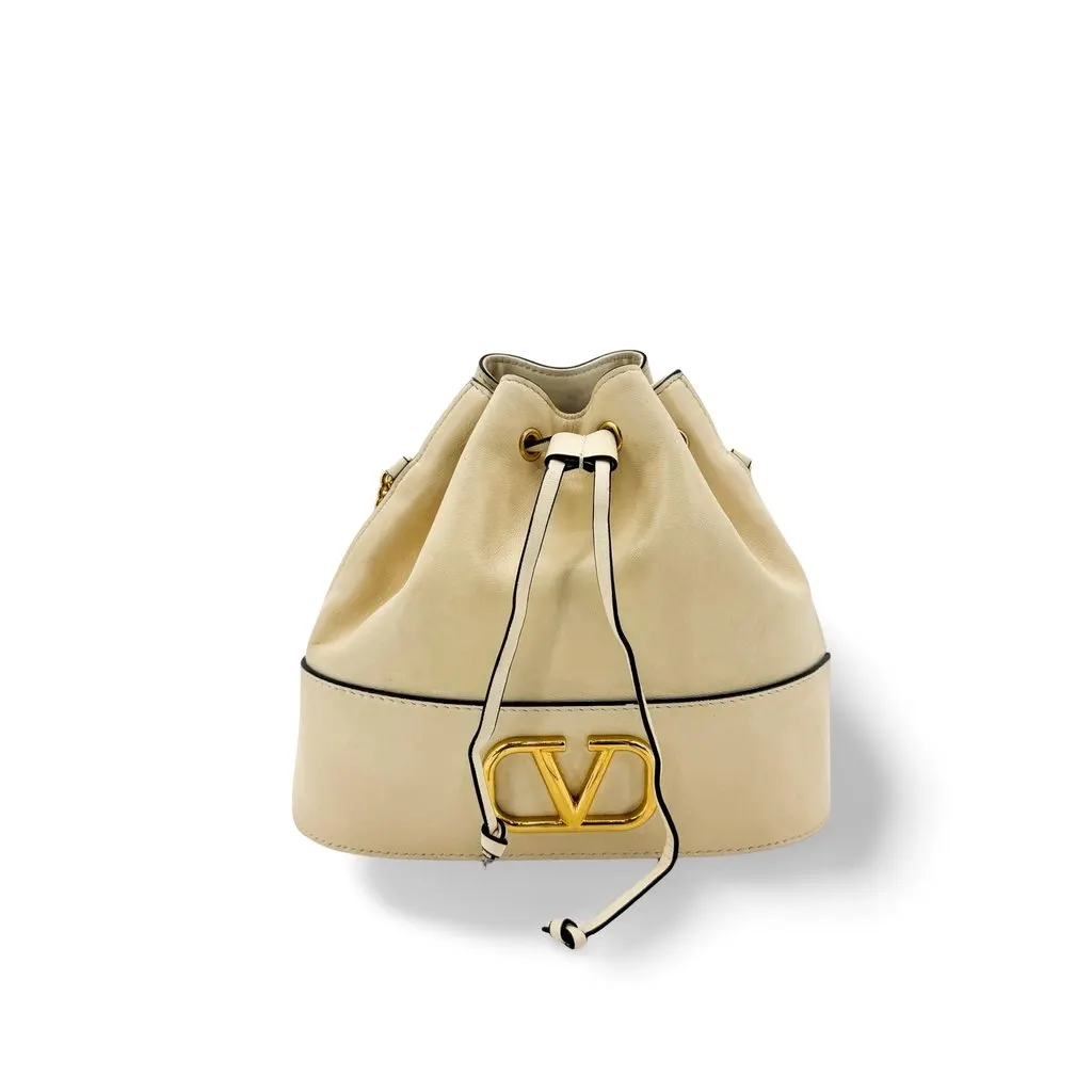 Valentino Garavani VLogo Signature Small Leather Bucket Bag Ivory Beige Leather Fair - Front View