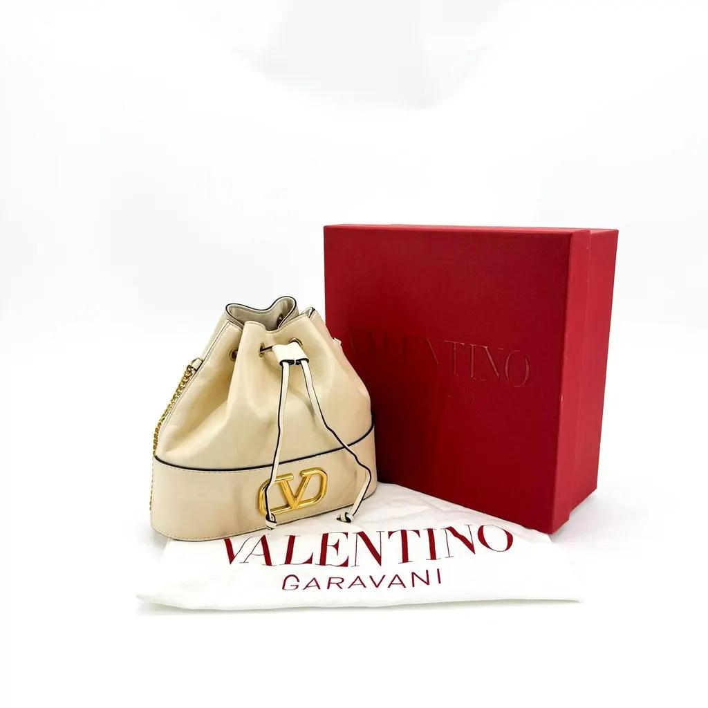 Valentino Garavani VLogo Signature Small Leather Bucket Bag Ivory Beige Leather Fair - Back View