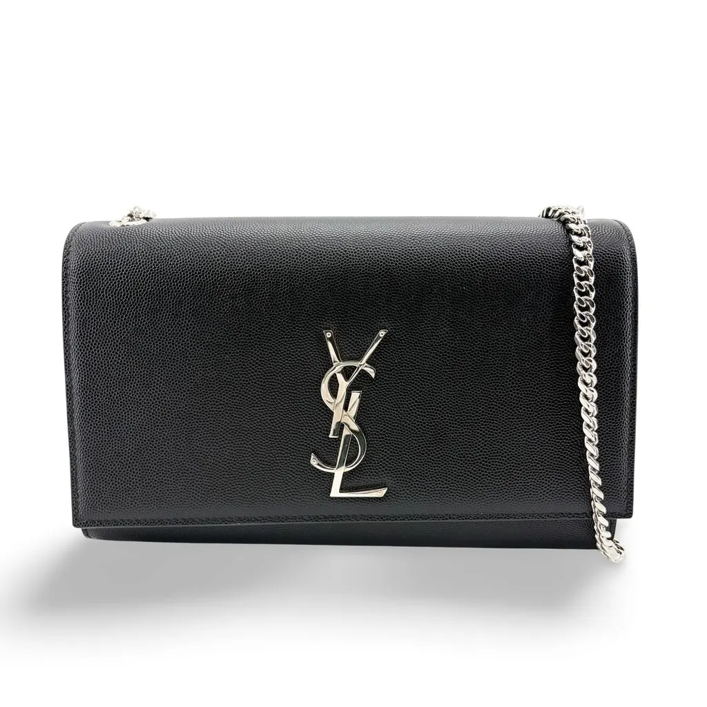 Saint Laurent Medium Kate Shoulder Bag Black Silver Hardware Black Leather Very good - Front View