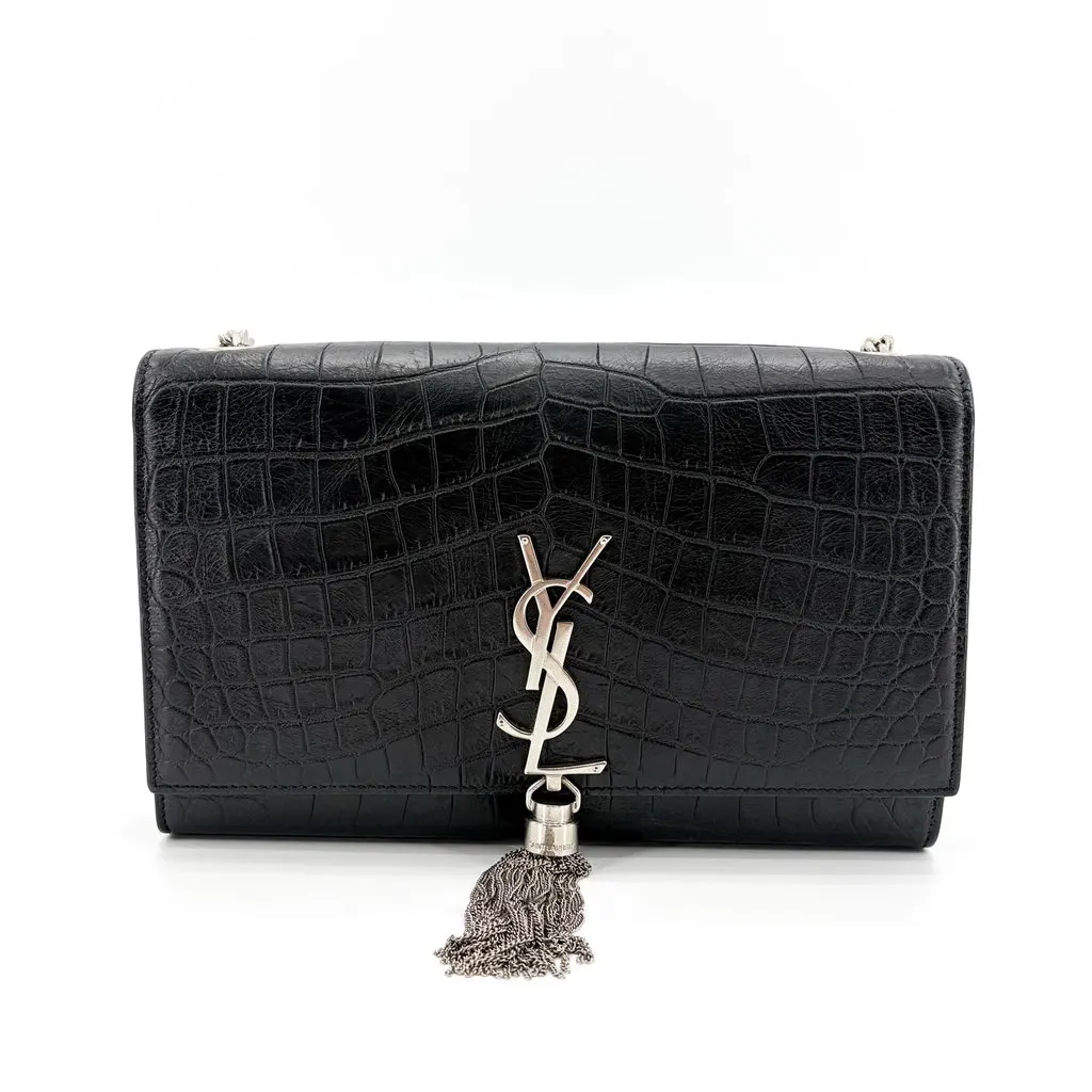 Saint Laurent Medium Kate Tassel Shoulder Bag Crocodile Embossed Black Silver Hardware Black Leather Very good - Front View