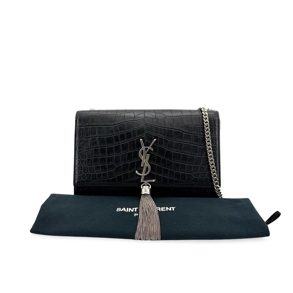 Saint Laurent Medium Kate Tassel Shoulder Bag Crocodile Embossed Black Silver Hardware Black Leather Very good - Back View