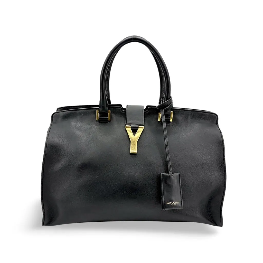 Saint Laurent Classic Cabas Chic Large Black Gold Hardware Black Leather Good - Front View