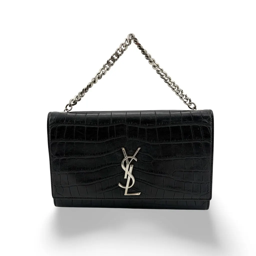Saint Laurent Kate Medium Croc Embossed Shoulder Bag Black with Silver Hardware Black Leather Very good - Front View