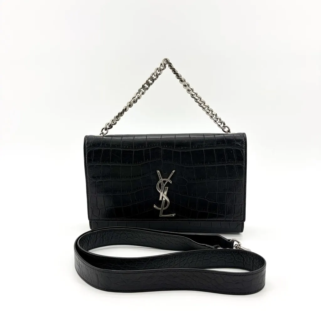 Saint Laurent Kate Medium Croc Embossed Shoulder Bag Black with Silver Hardware Black Leather Very good - Back View