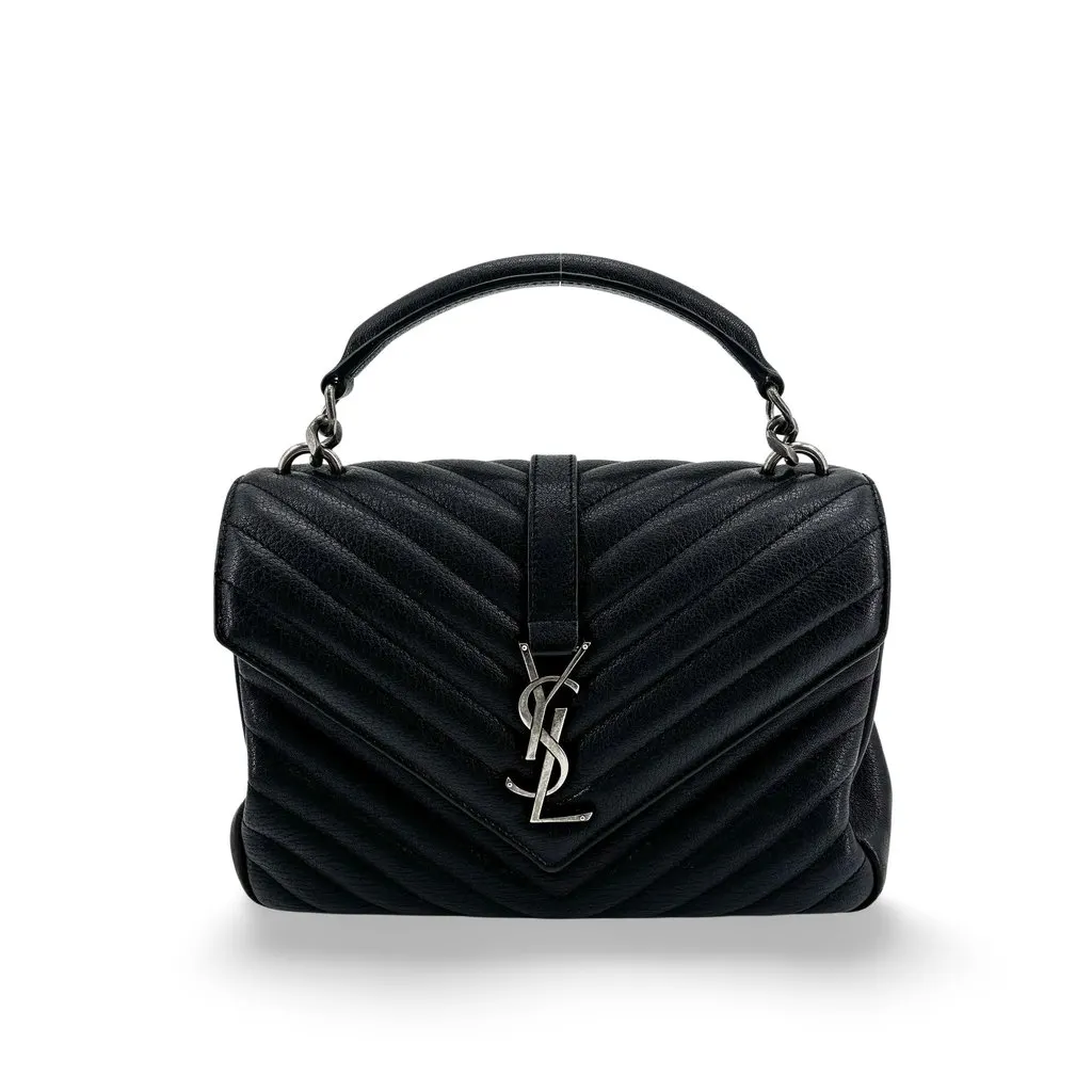 Saint Laurent Medium College Bag Black Silver Hardware Black Shearling Very good - Front View