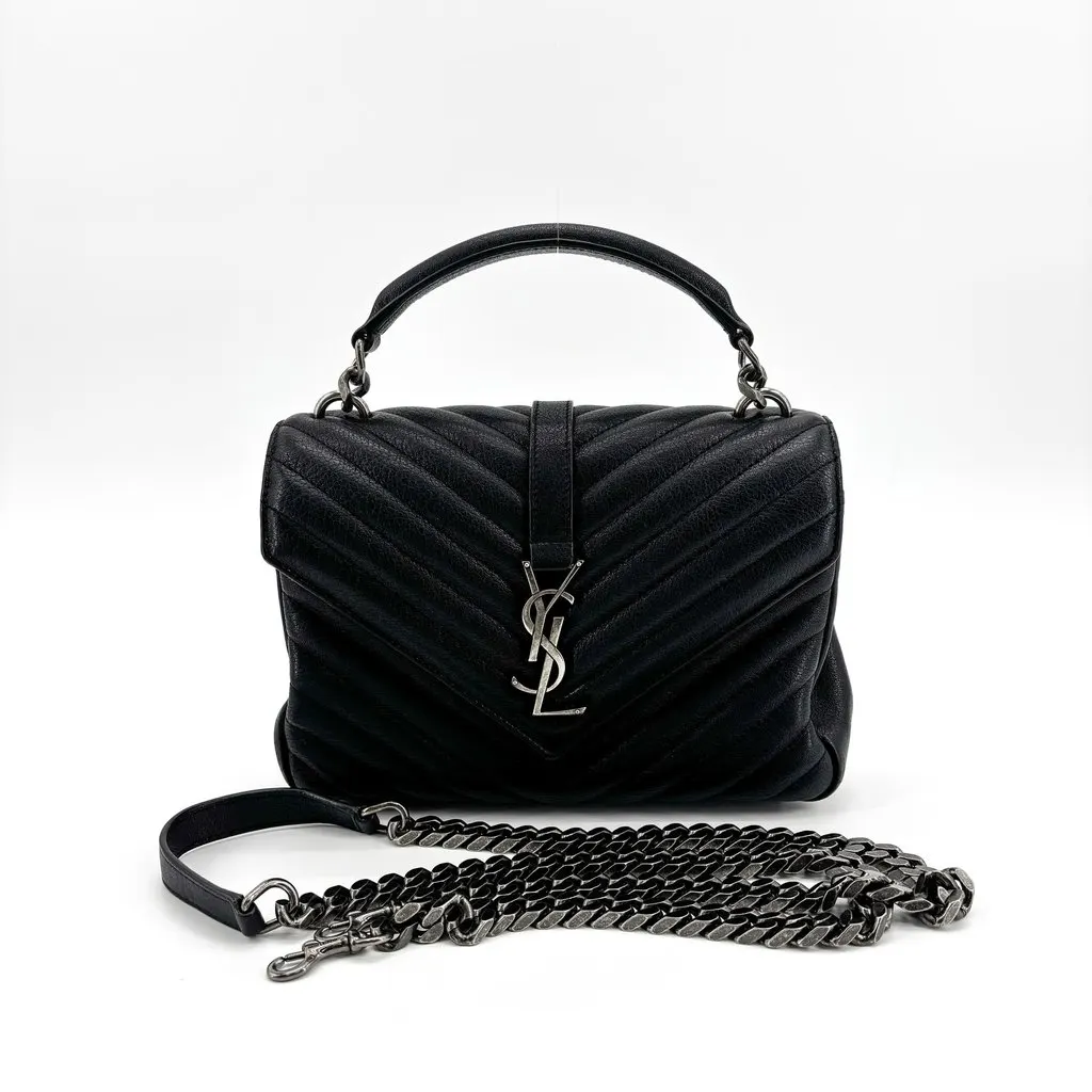 Saint Laurent Medium College Bag Black Silver Hardware Black Shearling Very good - Back View