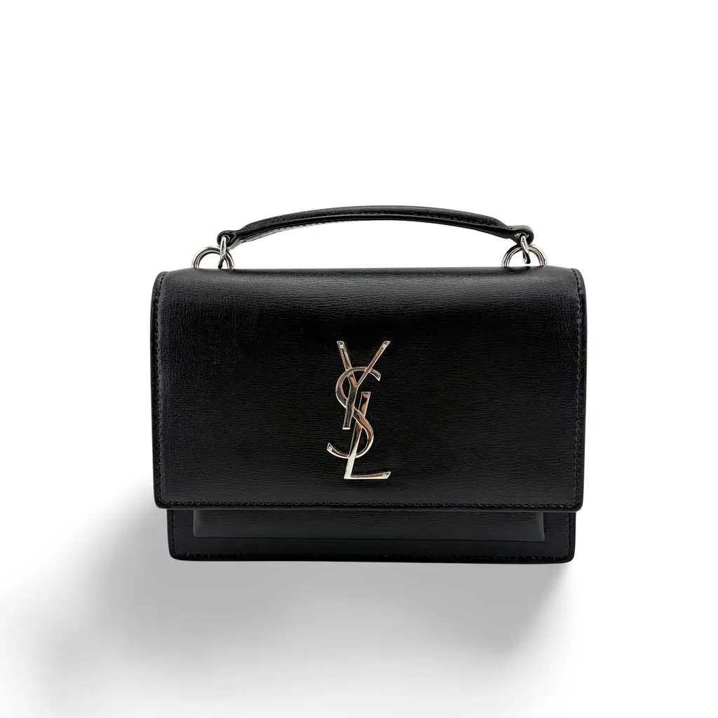 Saint Laurent Medium Sunset Top Handle Shoulder Bag Black Silver Hardware Black Leather Very good - Front View