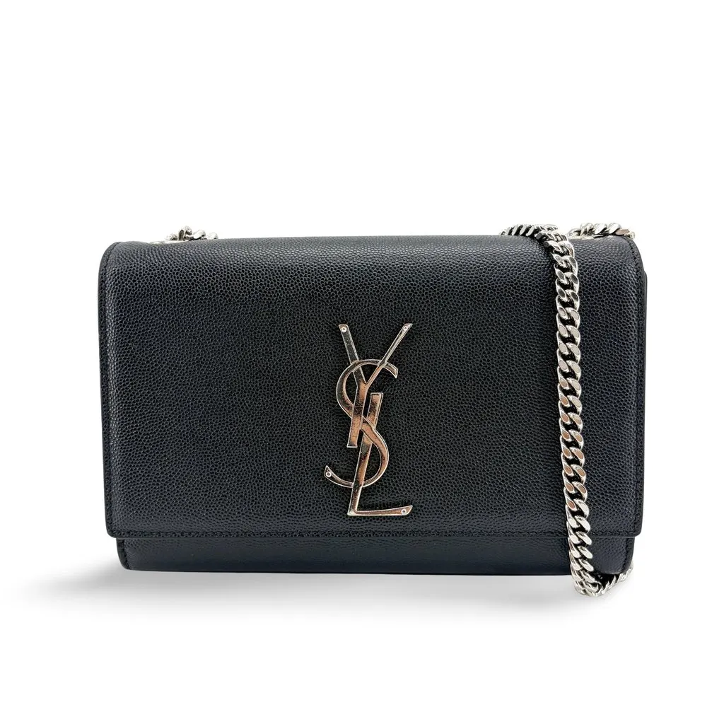 Saint Laurent Kate Medium Shoulder Bag Black Silver Hardware Black Leather Good - Front View