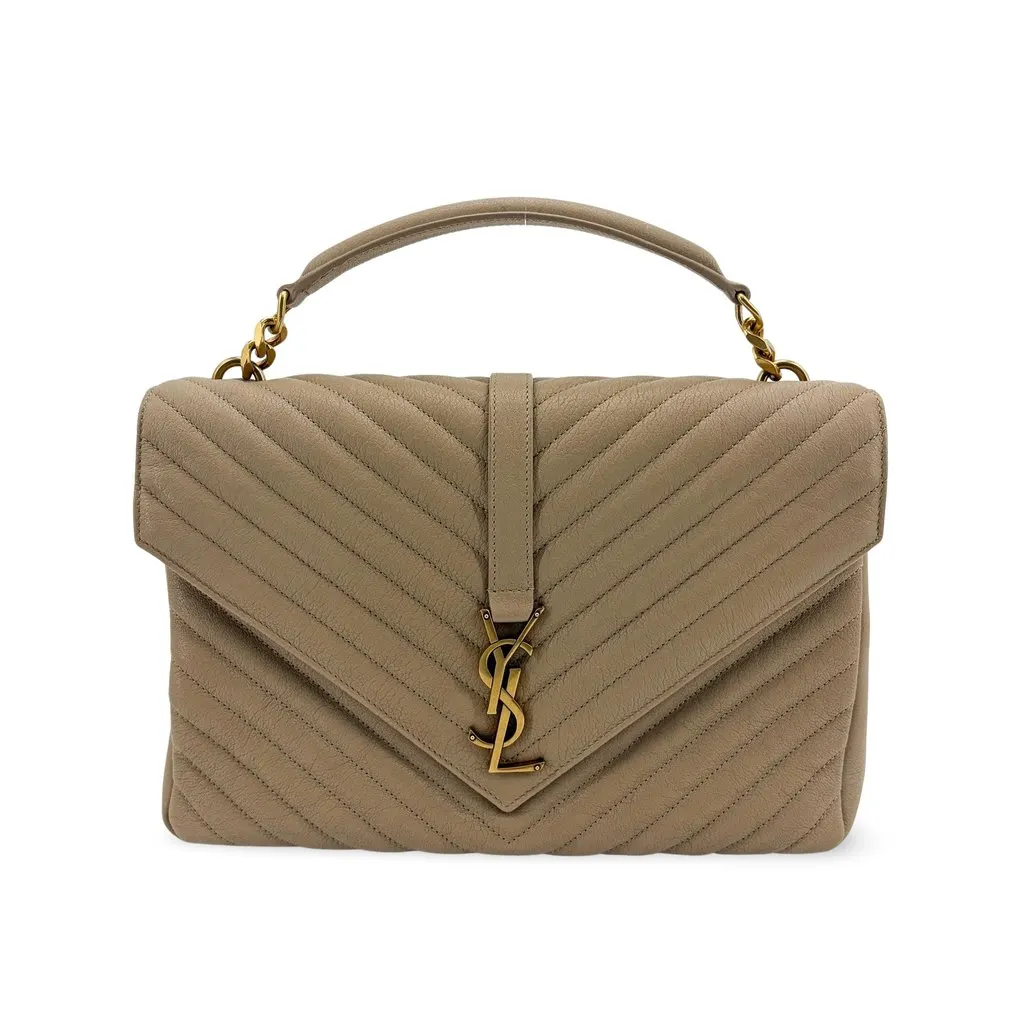 Saint Laurent Medium College Bag Taupe Matelasse Leather Vintage Gold Hardware Beige Shearling Very good - Front View