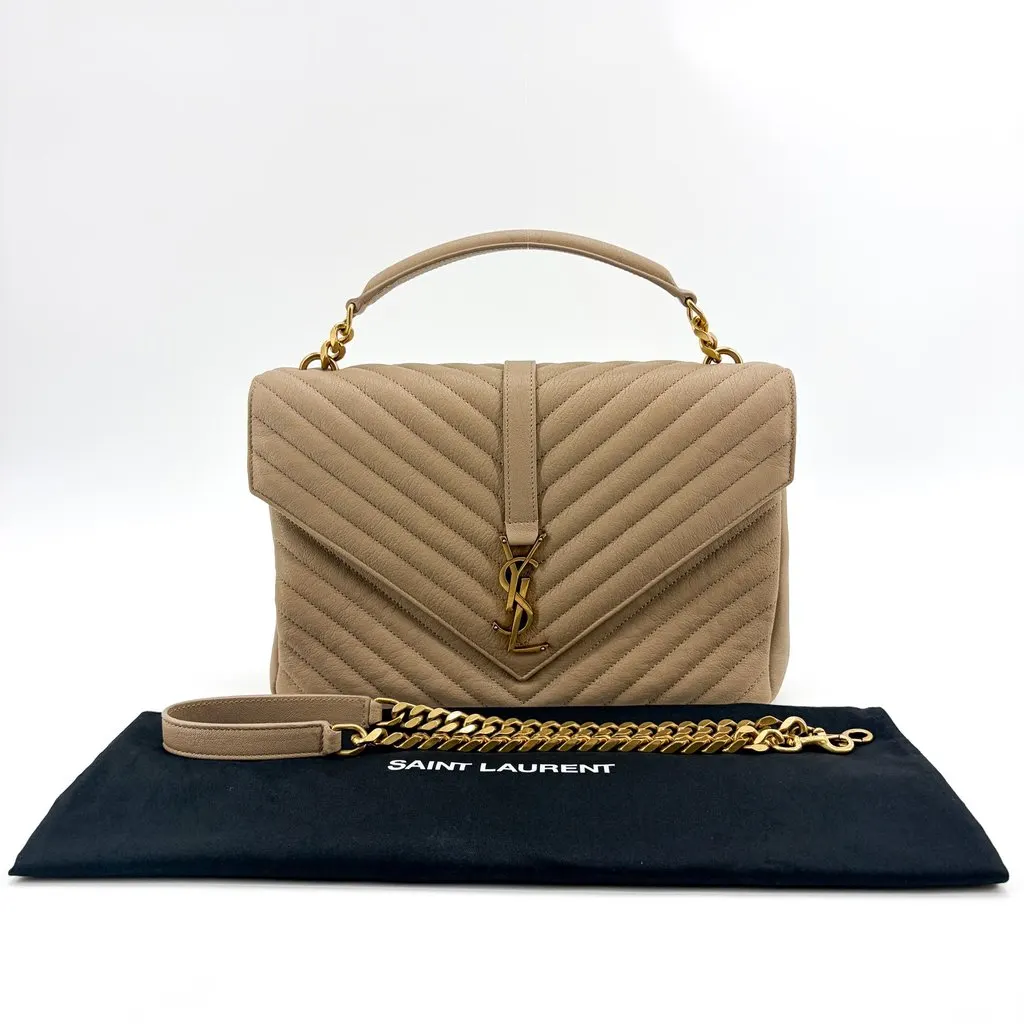 Saint Laurent Medium College Bag Taupe Matelasse Leather Vintage Gold Hardware Beige Shearling Very good - Back View