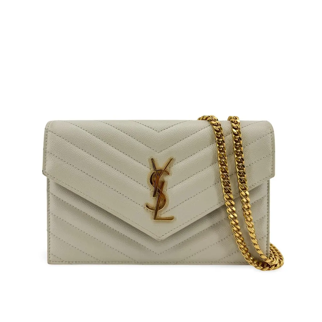 Saint Laurent Monogram Envelope Chain Wallet Blanc Vintage Gold Hardware Gold Leather Very good - Front View