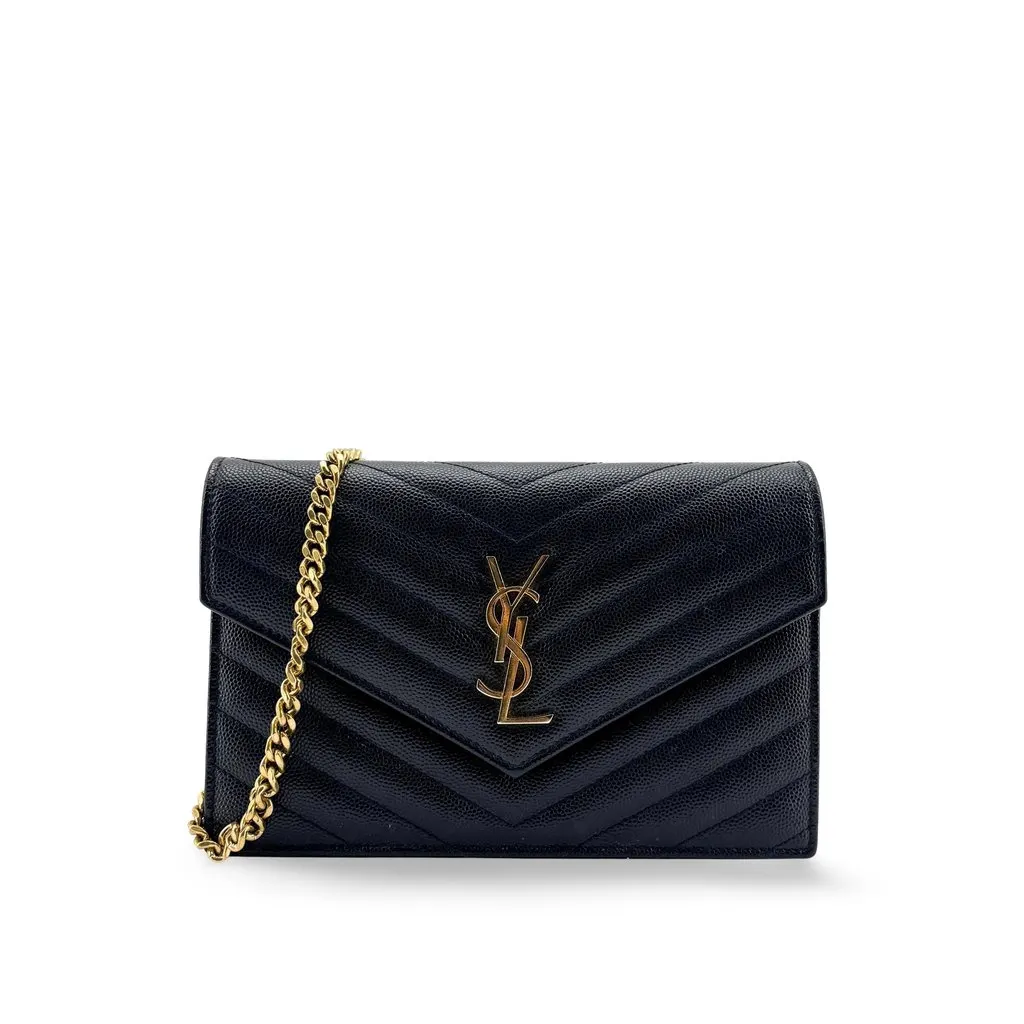 Saint Laurent Monogram Chain Wallet Black Gold Hardware Black Leather Good - Front View