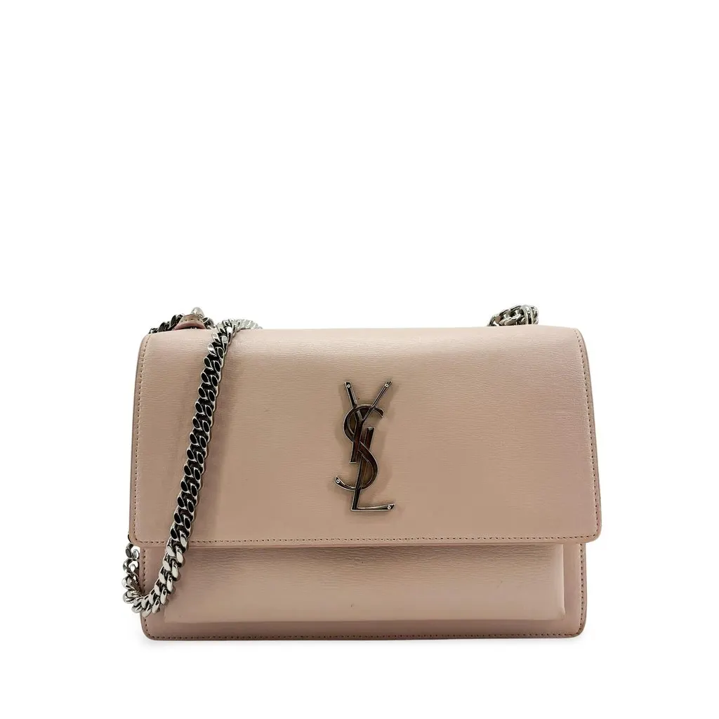 Saint Laurent Small Sunset Shoulder Bag Powder Pink Silver Beige Leather Good - Front View