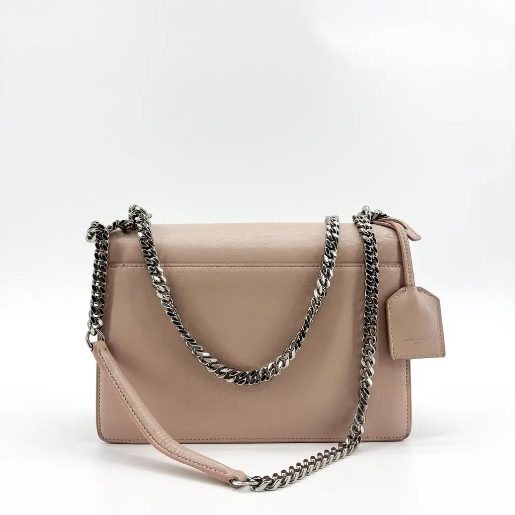 Saint Laurent Small Sunset Shoulder Bag Powder Pink Silver Beige Leather Good - Back View