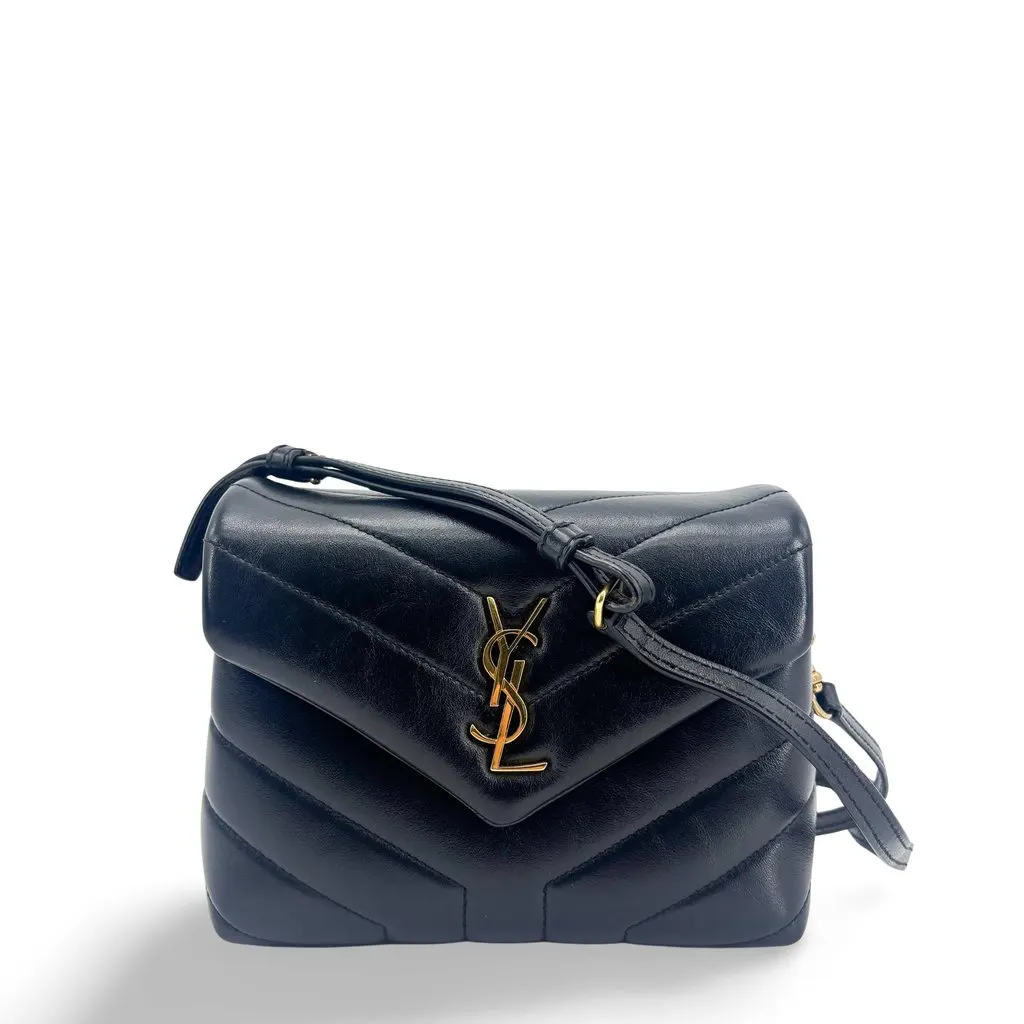 Saint Laurent Toy Loulou Bag in Quilted Leather Black Gold Black Leather Good - Front View