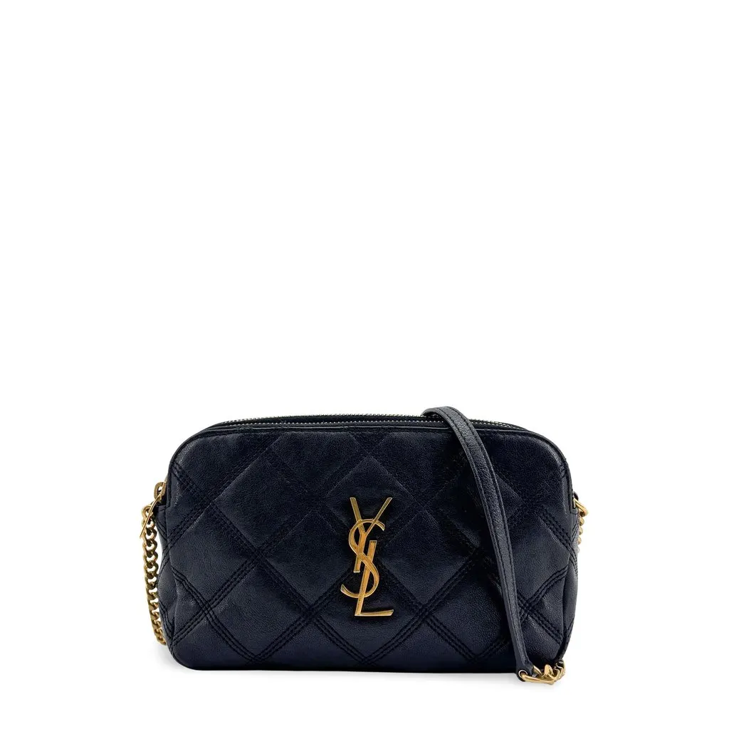 Saint Laurent Becky Double Zip Quilted Lambskin Chain Crossbody Bag Black Leather Good - Front View
