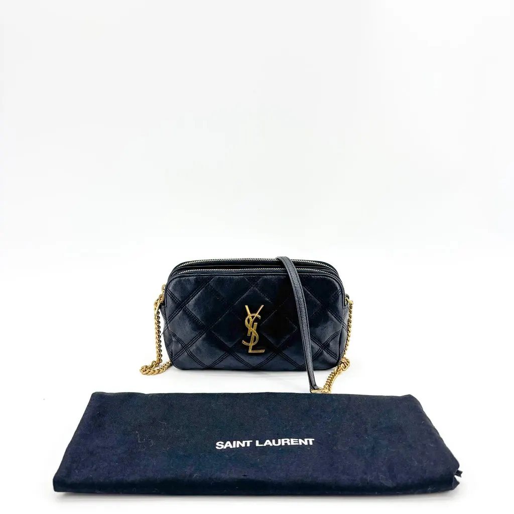 Saint Laurent Becky Double Zip Quilted Lambskin Chain Crossbody Bag Black Leather Good - Back View