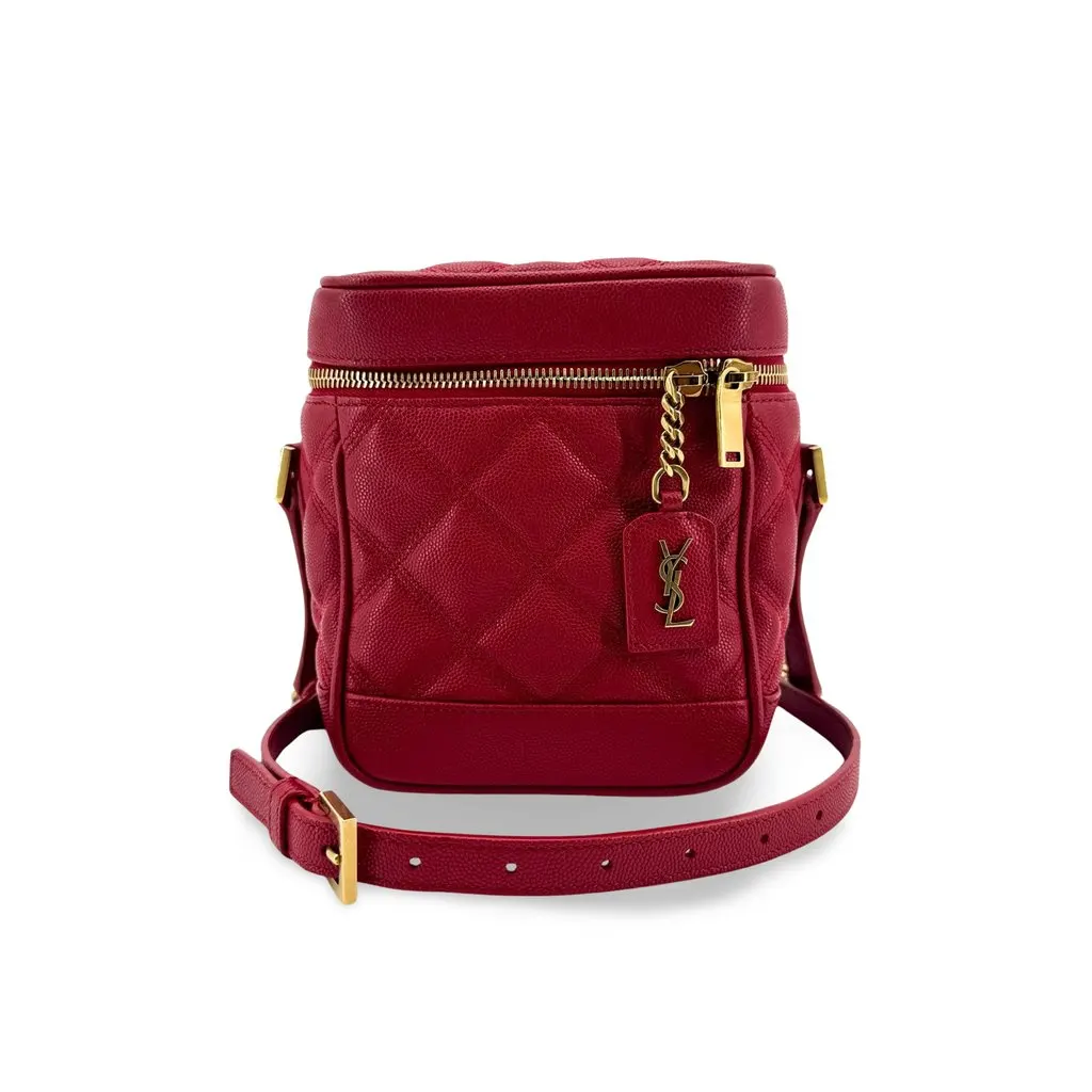 Saint Laurent 80's Vanity Bag in Quilted Grain de Poudre Embossed Leather Red Gold