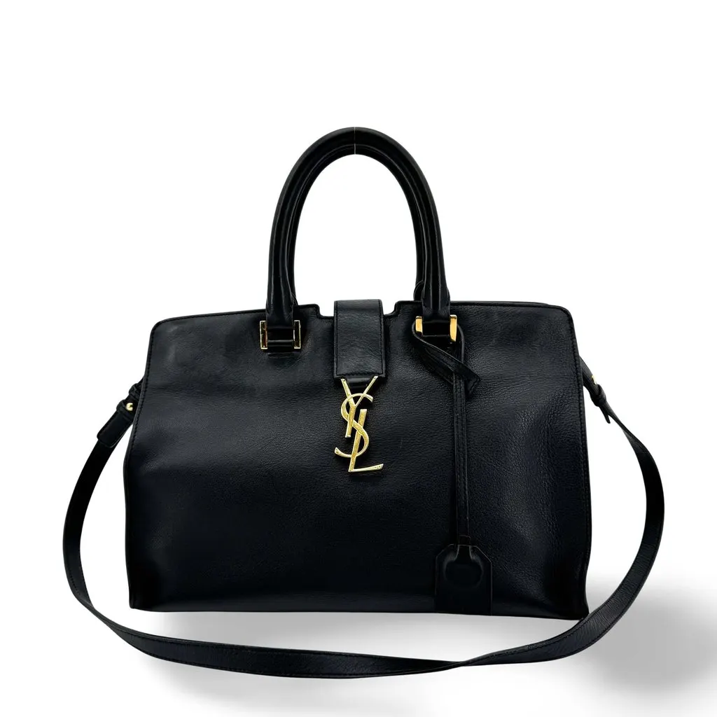 Saint Laurent Monogram Cabas Bag Small Black Gold Black Leather Fair - Front View