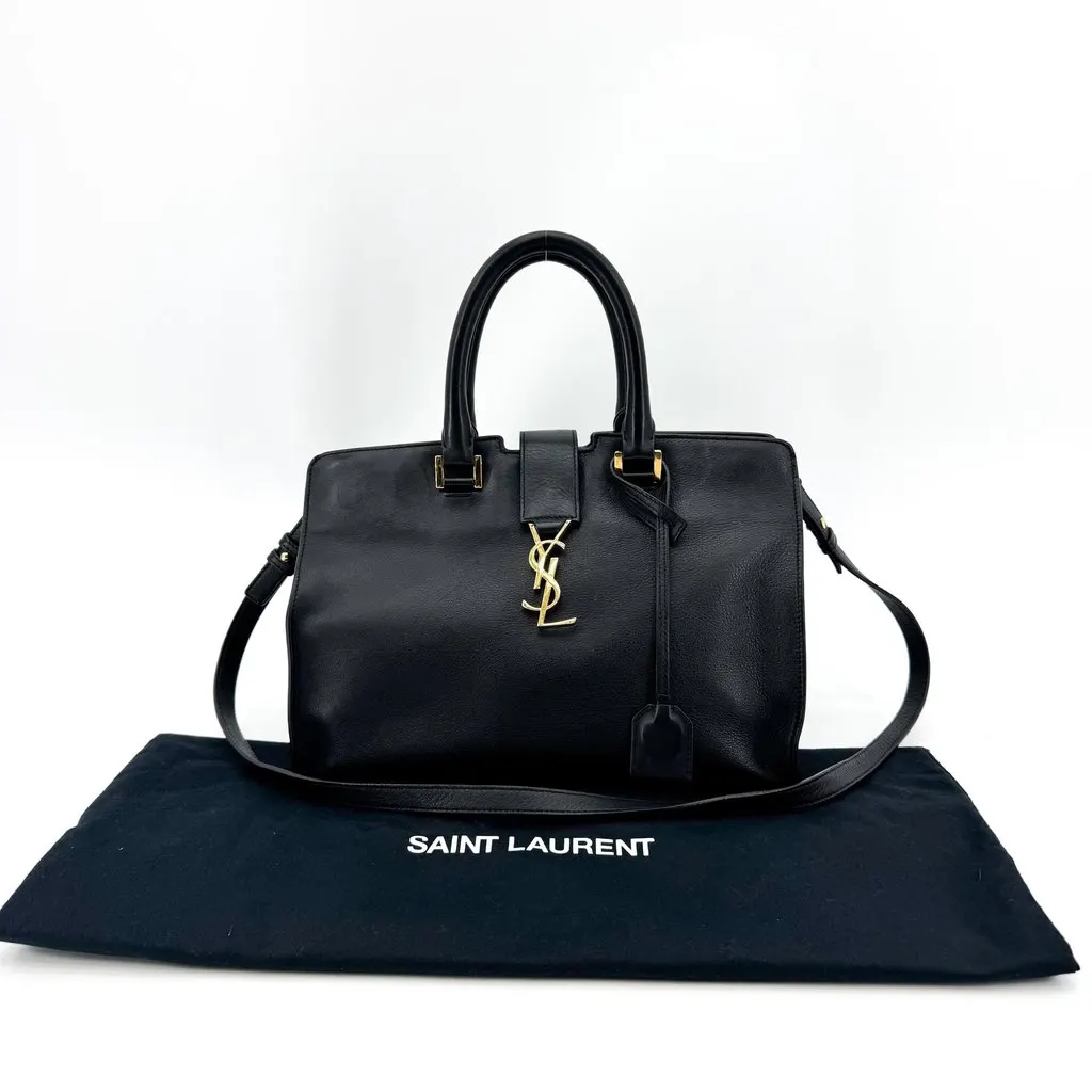 Saint Laurent Monogram Cabas Bag Small Black Gold Black Leather Fair - Back View