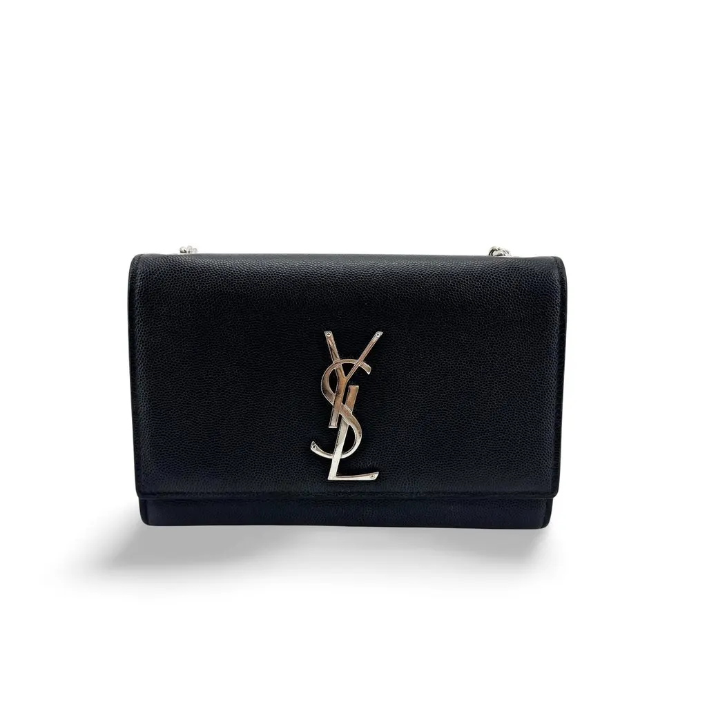 Saint Laurent Medium Kate Chain Bag in Grain de Poudre Embossed Leather Black Silver Black Leather Good - Front View