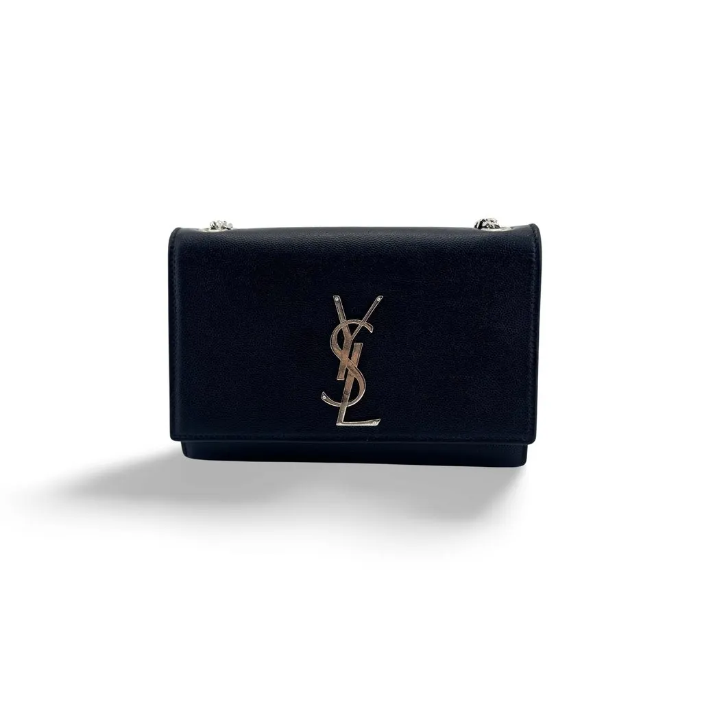 Saint Laurent Small Kate Shoulder Bag Black Silver Hardware Black Leather Good - Front View
