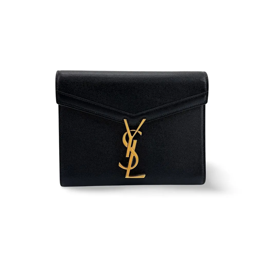 Saint Laurent Monogram Grain de Poudre Envelope Card Wallet Black Gold Black Leather Very good - Front View