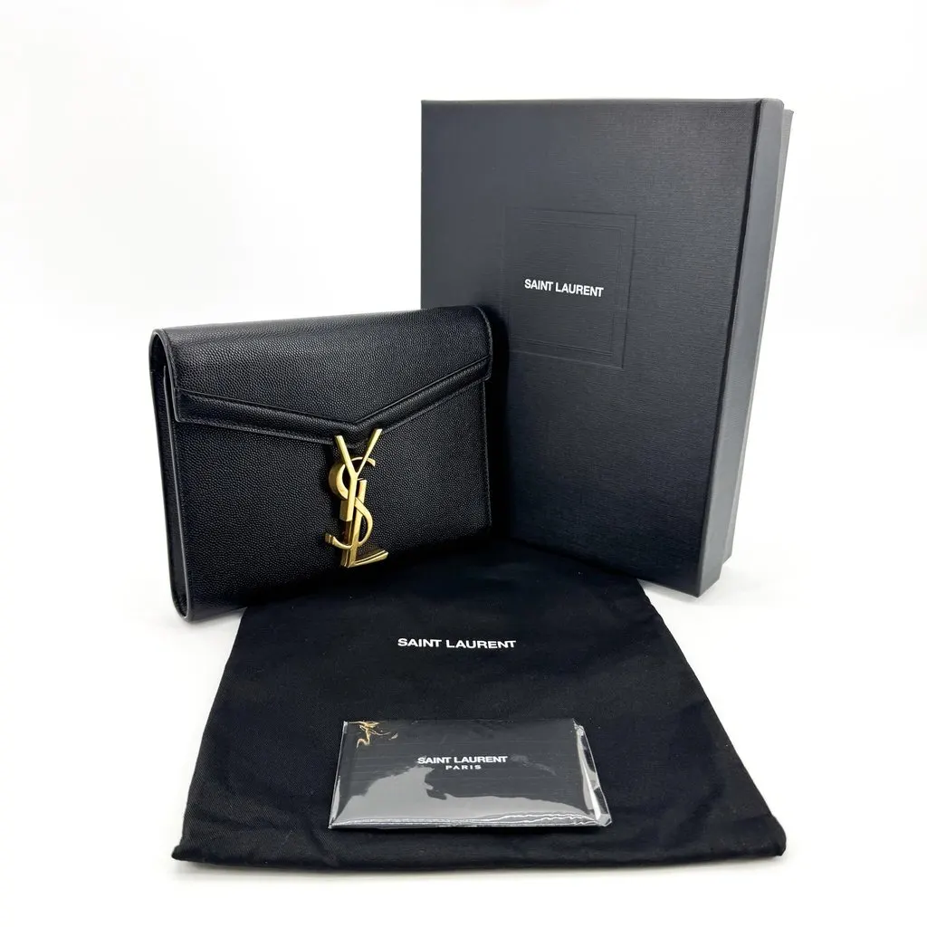 Saint Laurent Monogram Grain de Poudre Envelope Card Wallet Black Gold Black Leather Very good - Back View