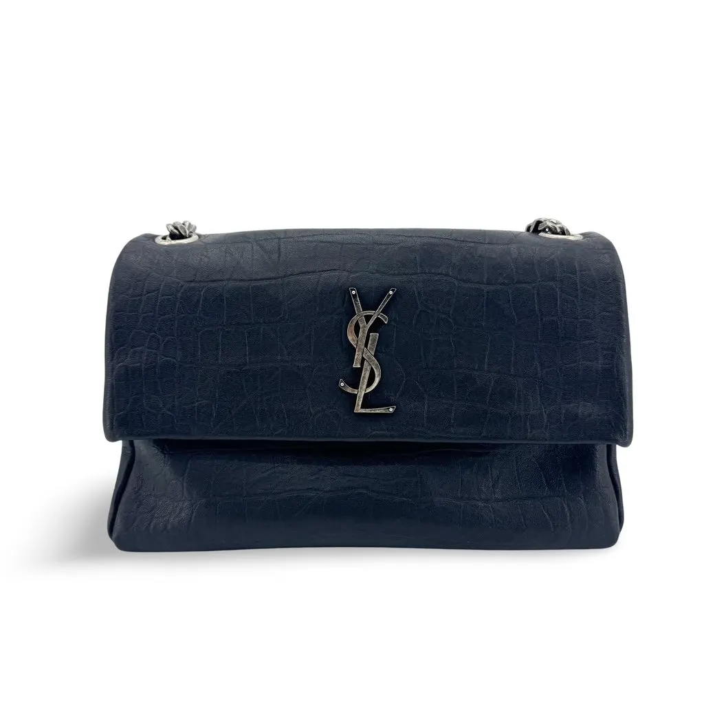 Saint Laurent Baby Niki Crocodile-Embossed Shoulder Bag Black Silver Black Leather Good - Front View