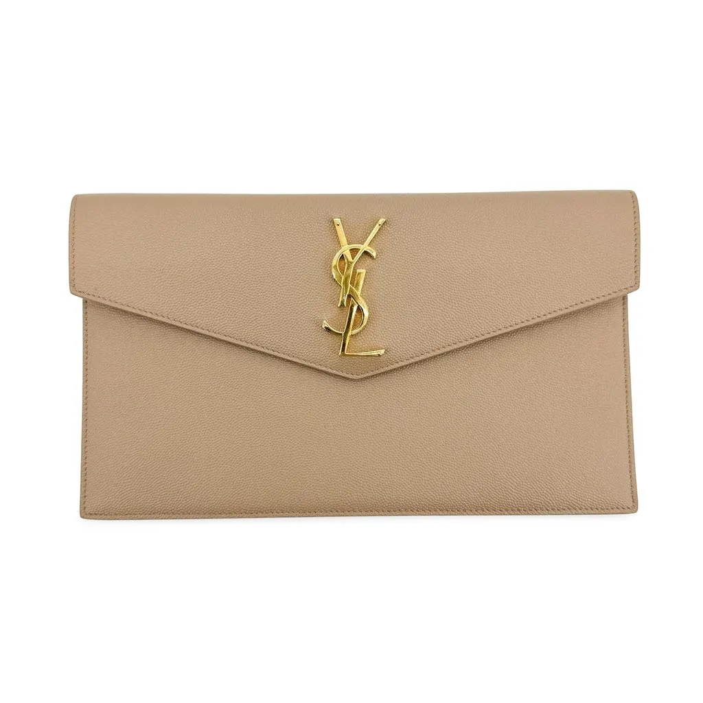 Saint Laurent Uptown Pouch in Grain de Poudre Embossed Leather Beige Gold Beige Leather Very good - Front View