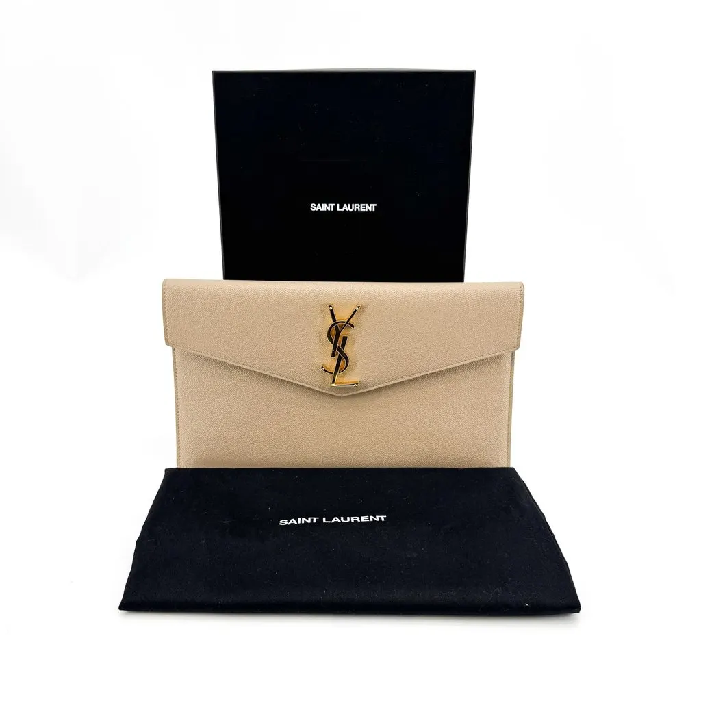 Saint Laurent Uptown Pouch in Grain de Poudre Embossed Leather Beige Gold Beige Leather Very good - Back View