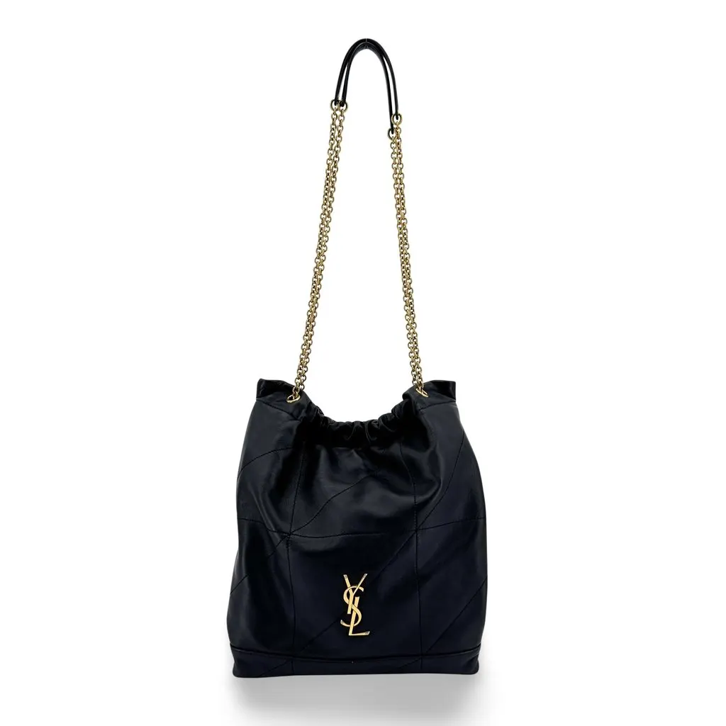 Saint Laurent June Drawstring Bag in Quilted Lambskin Black Gold Black Leather Very good - Front View