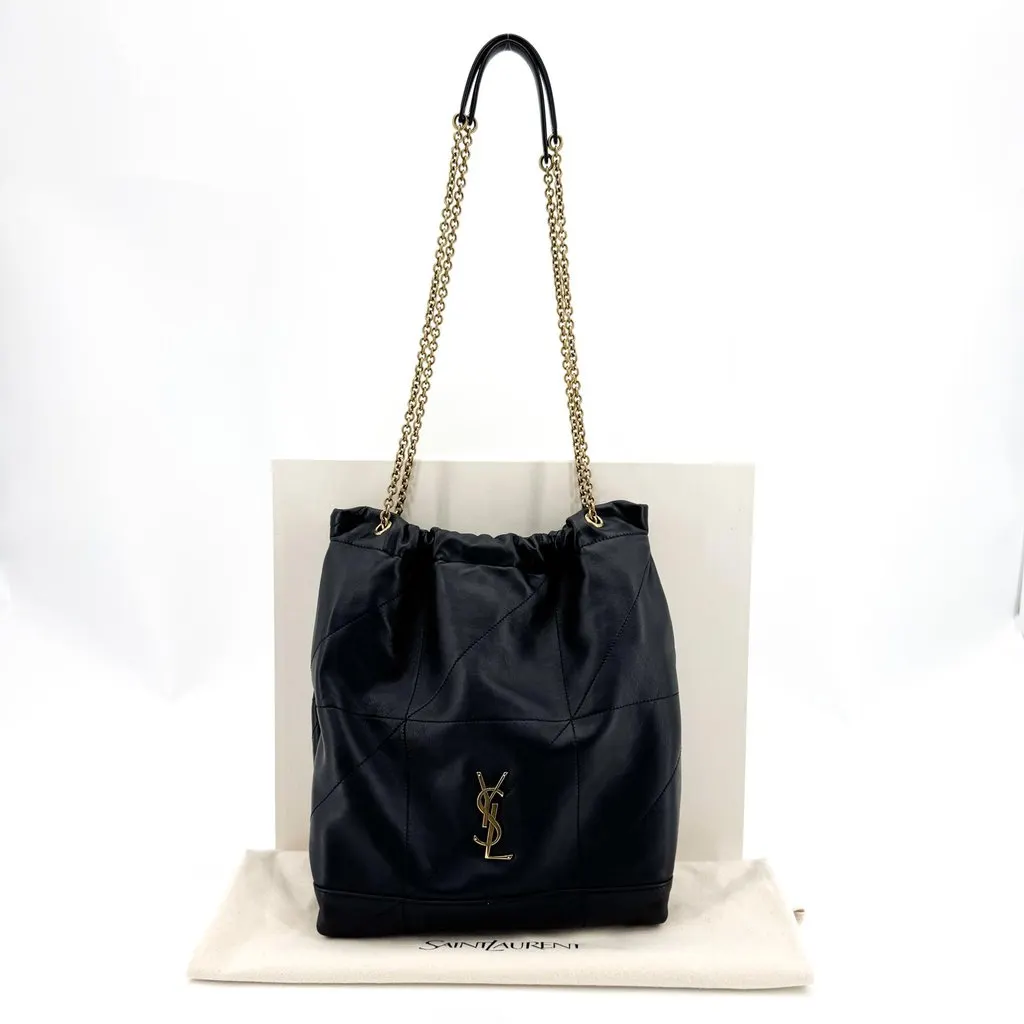 Saint Laurent June Drawstring Bag in Quilted Lambskin Black Gold Black Leather Very good - Back View