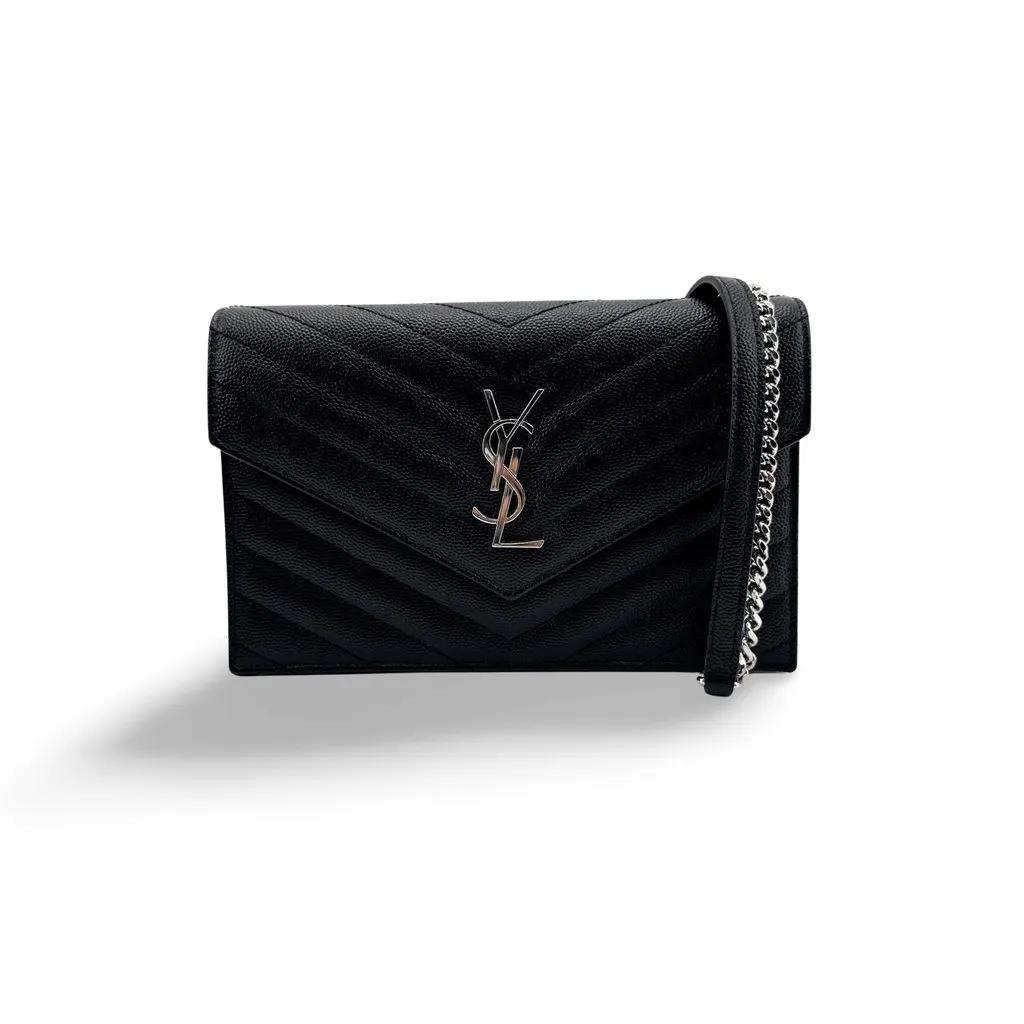 Saint Laurent Monogram Chain Wallet in Grain de Poudre Black Silver Black Leather Very good - Front View
