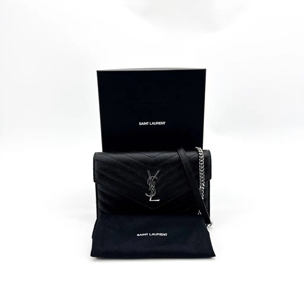 Saint Laurent Monogram Chain Wallet in Grain de Poudre Black Silver Black Leather Very good - Back View