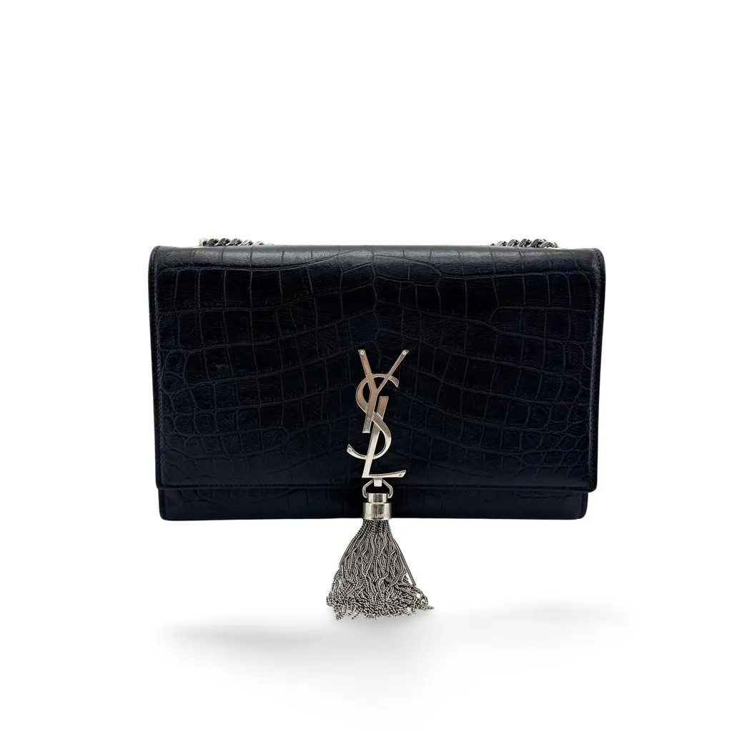 Saint Laurent Kate Medium Monogram Tassel Chain Shoulder Bag Crocodile Embossed Black Silver Hardware Black Leather Very good - Front View